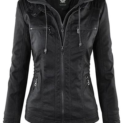 Lock and Love Women's Removable Hooded Faux Leather Moto Biker Jacket