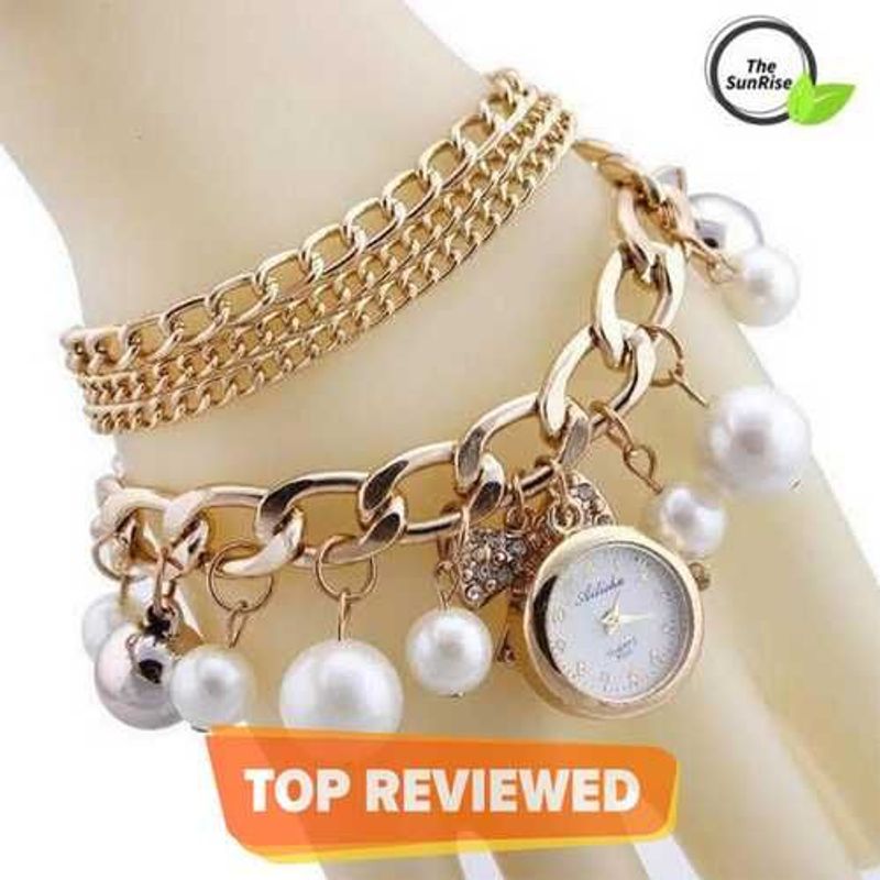 Golden Watch Pearls Bracelet Watch